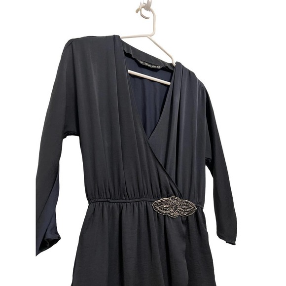 Zara Trafaluc Women's Navy Black V Neck Wrap Mini Dress Size Extra Small - Picture 3 of 4